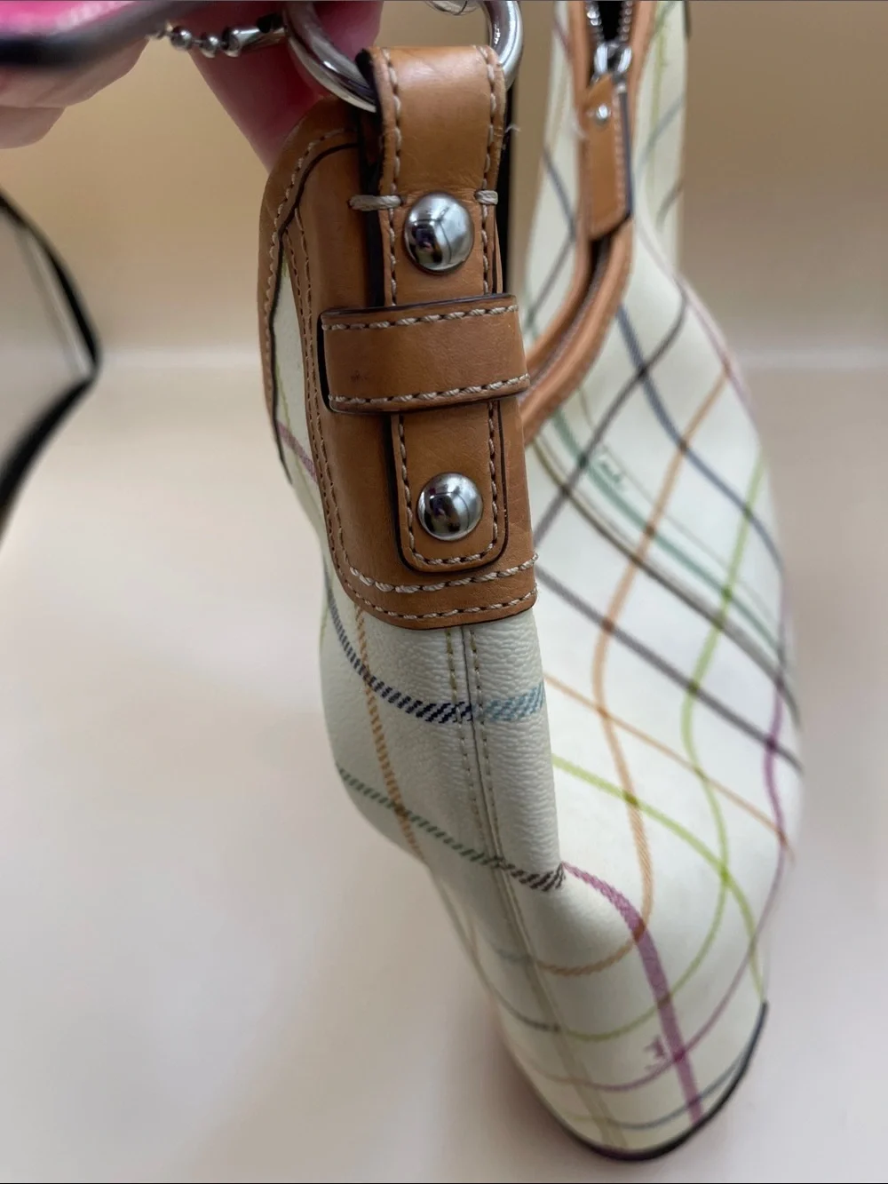 Coach Tattersol Cream Plaid Shoulder Bag with Pink Stripe